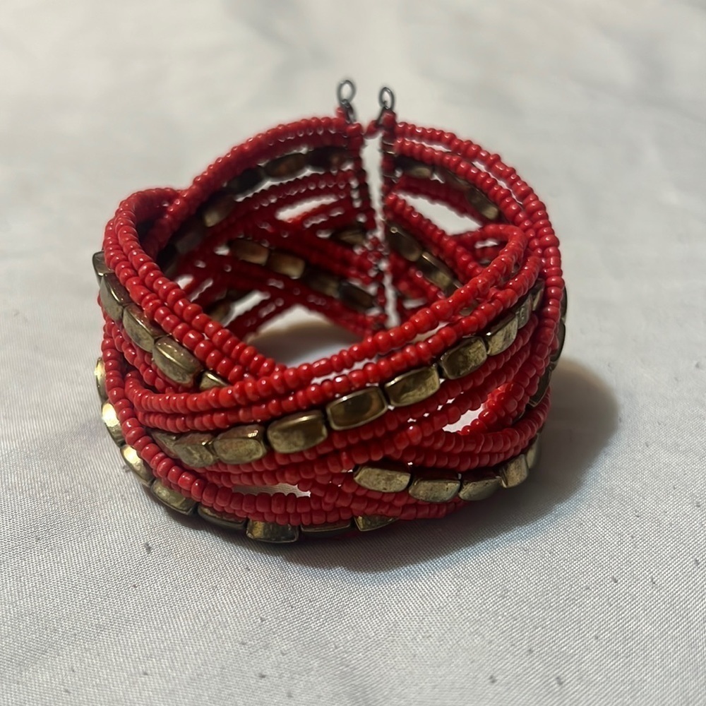 Red, Goldtone Woven Wire Cuff Bracelet